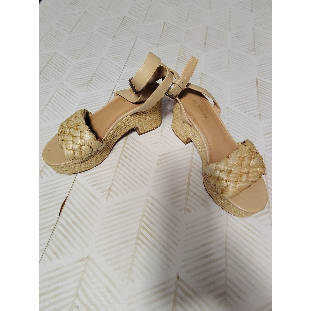 Marc Fisher Tan Woven Raffia Platform Wedge Sandals 9.5M Ankle Strap‎ Buckle